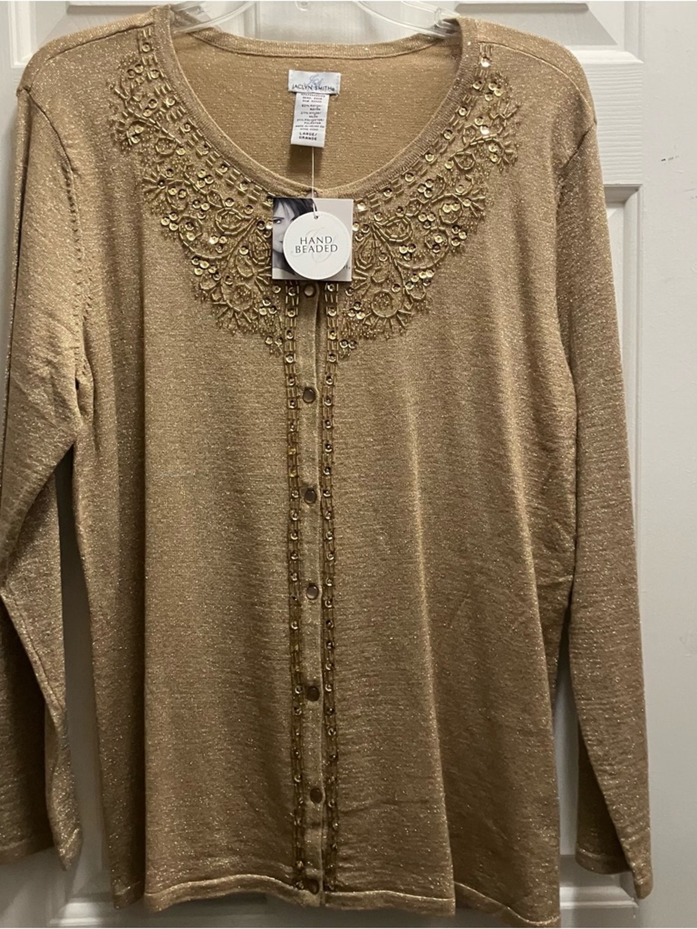 NWT Vintage Jaclyn Smith Gold Shimmer Hand Beaded Cardigan Sweater Size Large